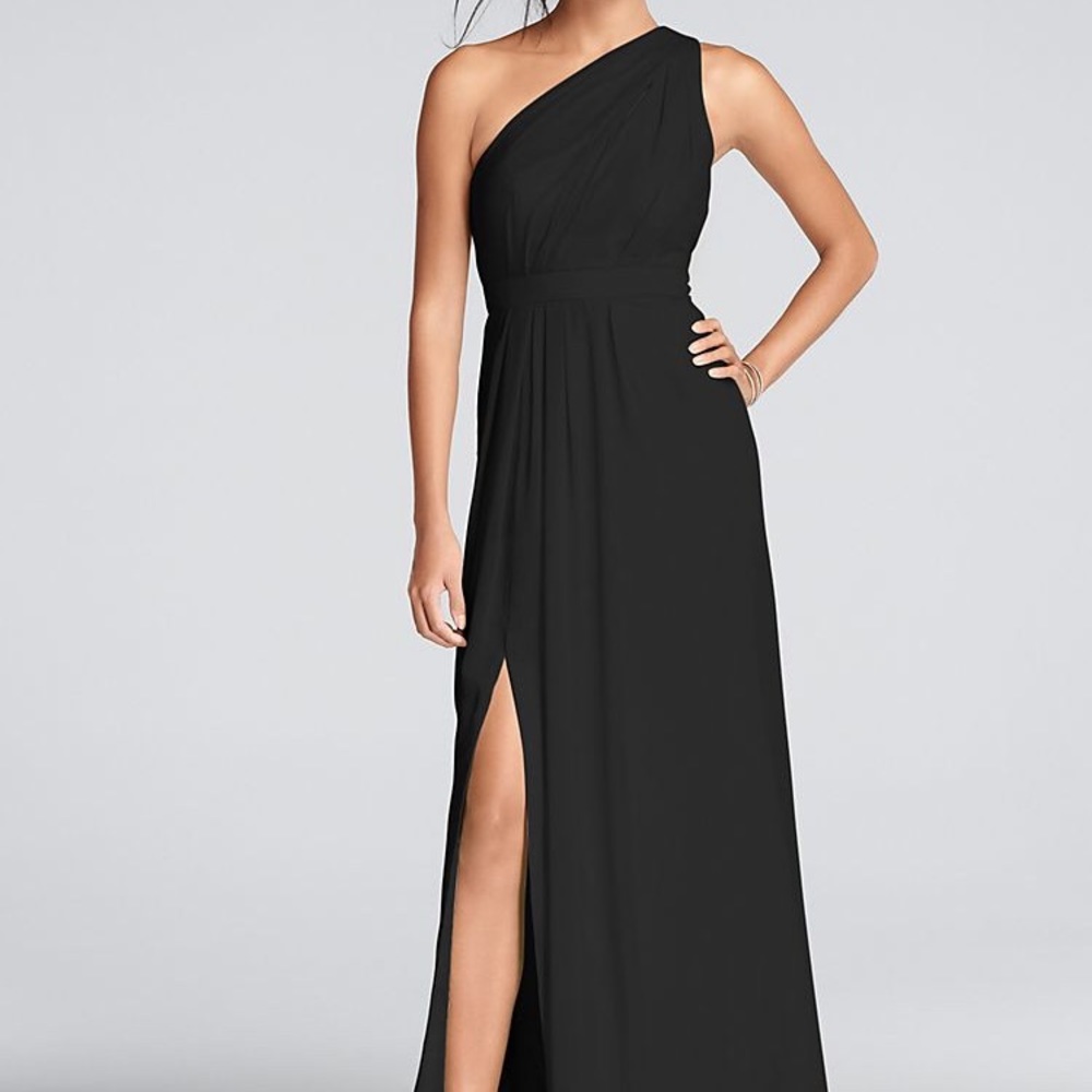 David’s Bridal black one shoulder bridesmaid dress